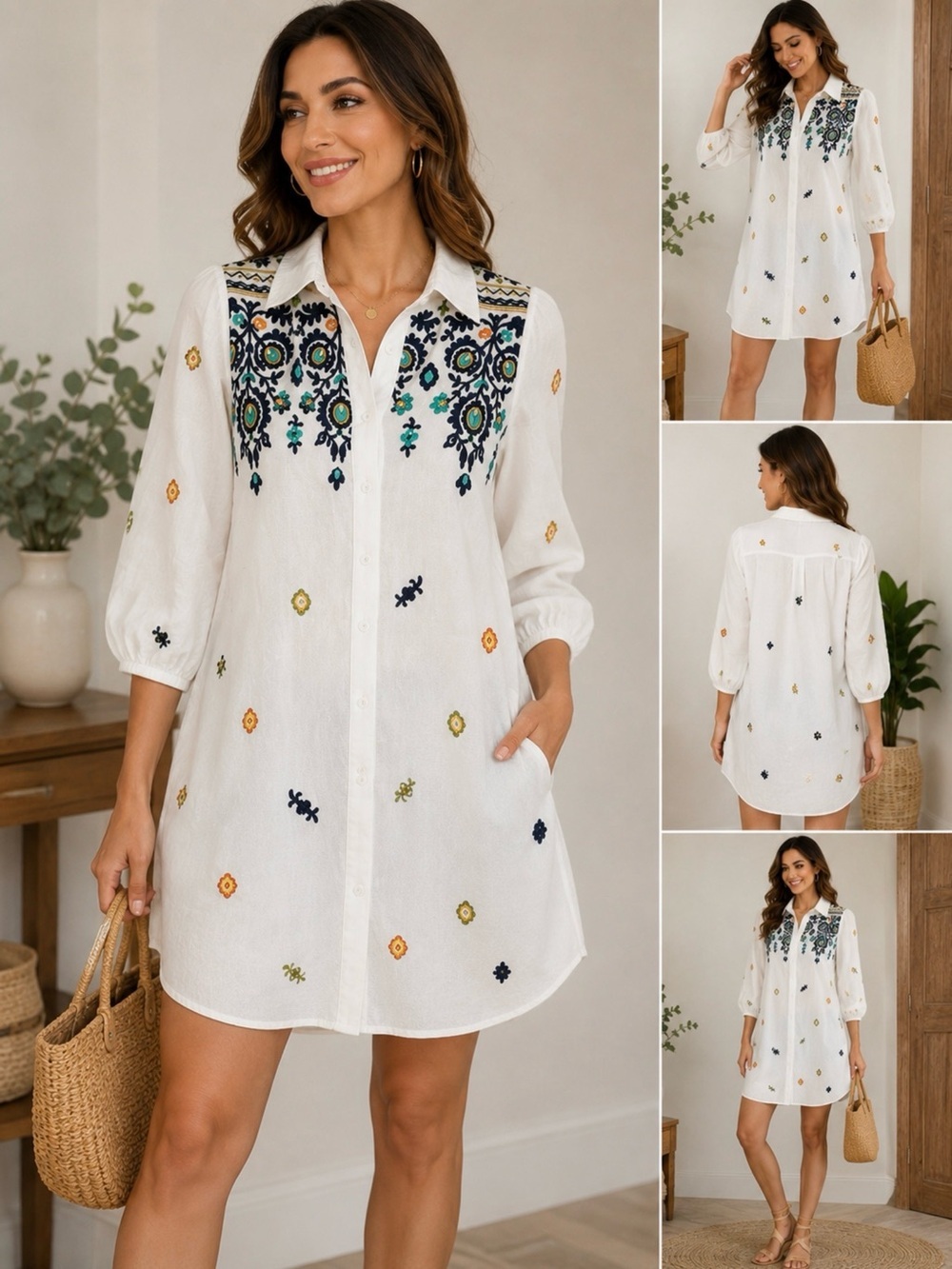 Floral Embroidered White Midi Dress